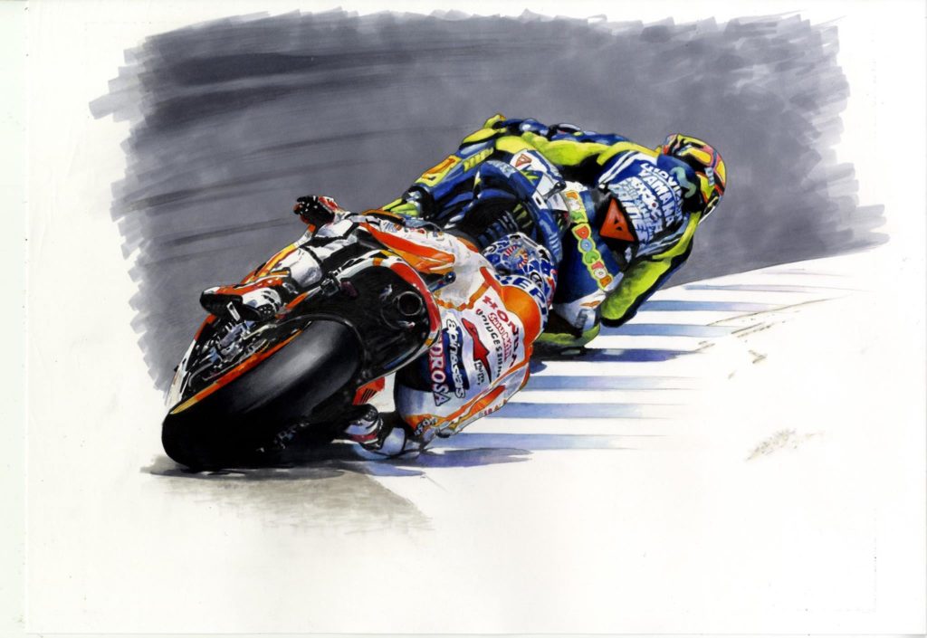 Dessin de Marc Marquez et Valantino Rossi extrait de la warm up
