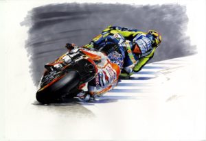 Dessin de Marc Marquez et Valantino Rossi extrait de la warm up